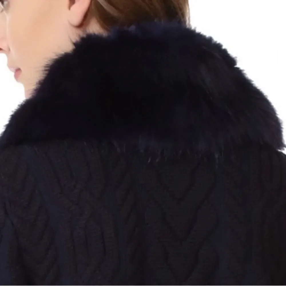 TORY BURCH Contraire Merino Wool Cable Knit Faux Fur Sweater Bomber Jacket XL